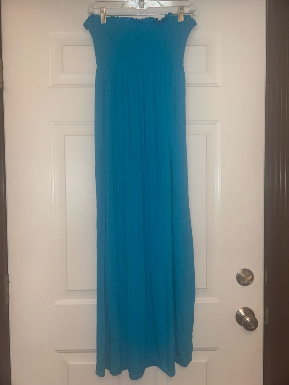 Liquid Strapless Maxi Dress S/M Blue Stretch Elastic Ruffle Feminine Minimalist